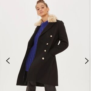 Topshop Nina Black Double-Breasted Slim Military Coat Faux Fur Collar Size 4